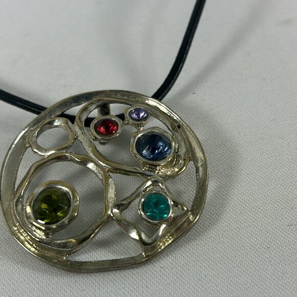 Silver Tone Round Rhinestones Pendant Corded Necklace Open Work Geometric - Picture 5 of 10